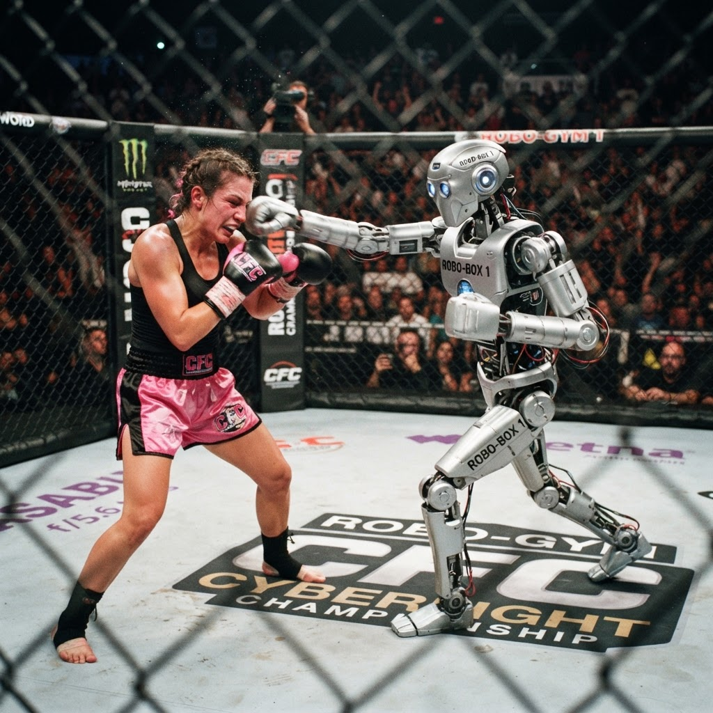 A small humanoid robot squares up against a human fighter in pink boxing pads inside a steel cage