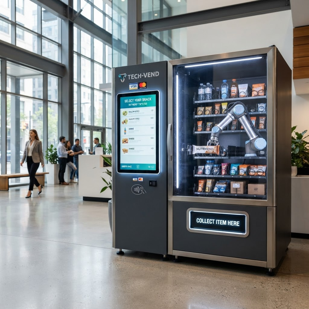 A modern robotic automated vending machine with a touchscreen and robotic arm retrieving a product behind glass