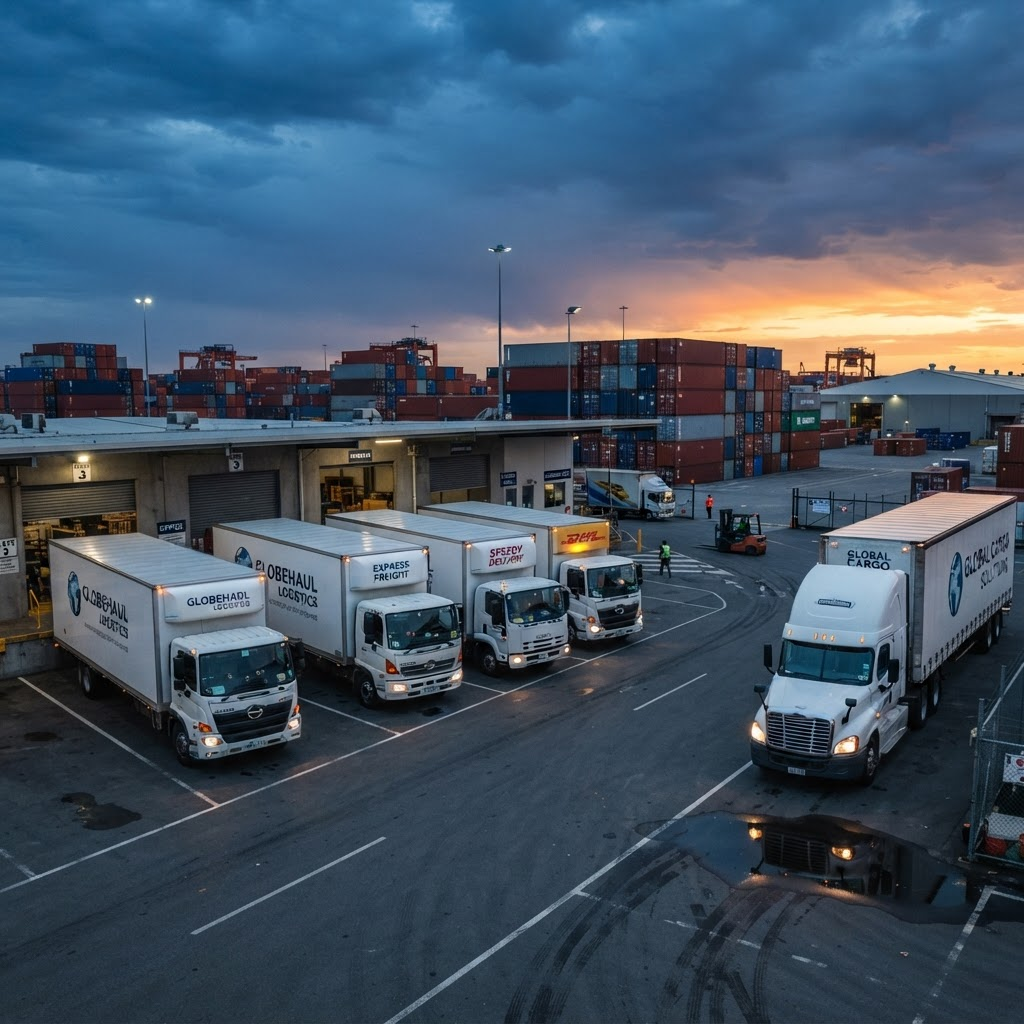 A fleet of box trucks and a semi trailer at a logistics yard at dusk