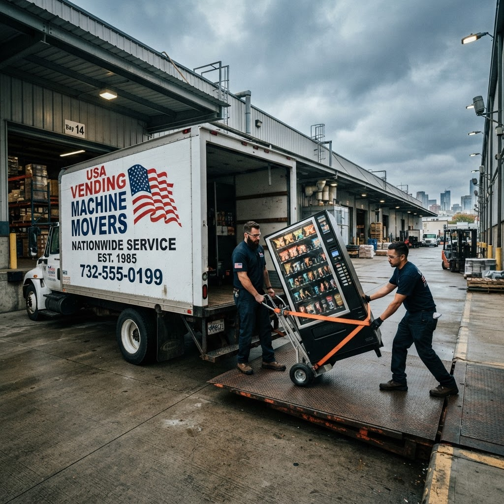 Professional movers loading a large vending machine onto a box truck at a warehouse loading dock