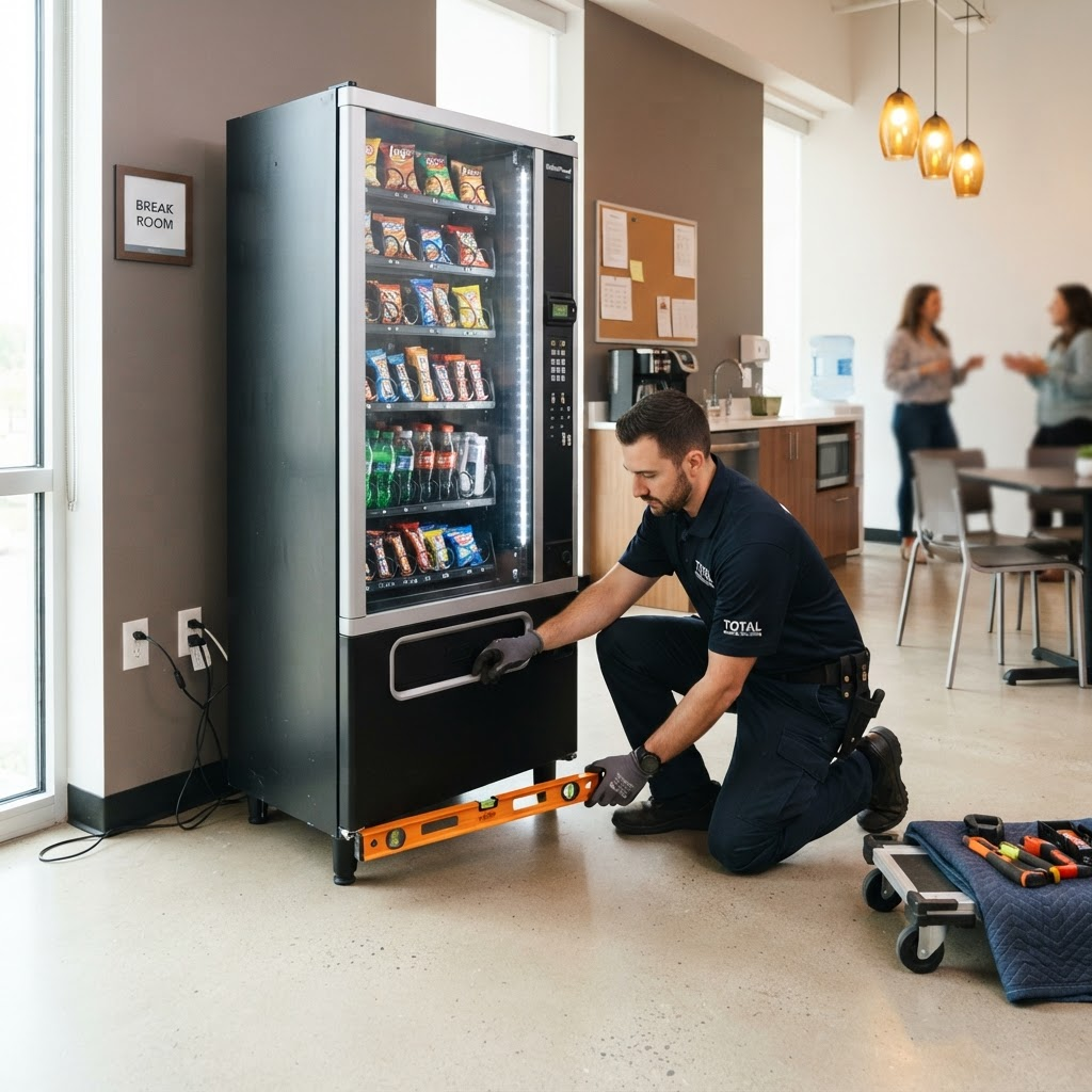 A mover leveling a glass-front vending machine in an office break room